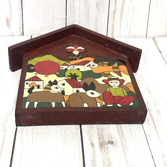 Vintage Folk Art El Salvador Farm Scene with Animals Wall Plaque Rustic Decor - Picture 5 of 8